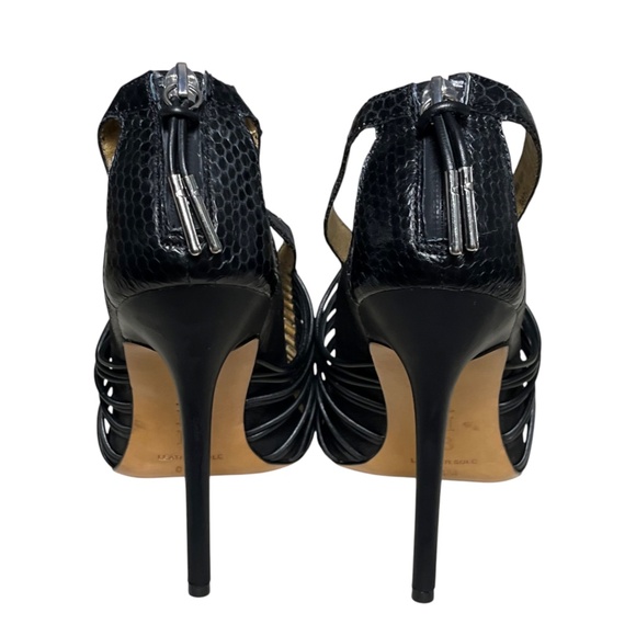 L.A.M.B. Raivyn 8.5 M Black Embossed Textured Caged Strappy Stiletto Heels Shoes - Picture 8 of 13